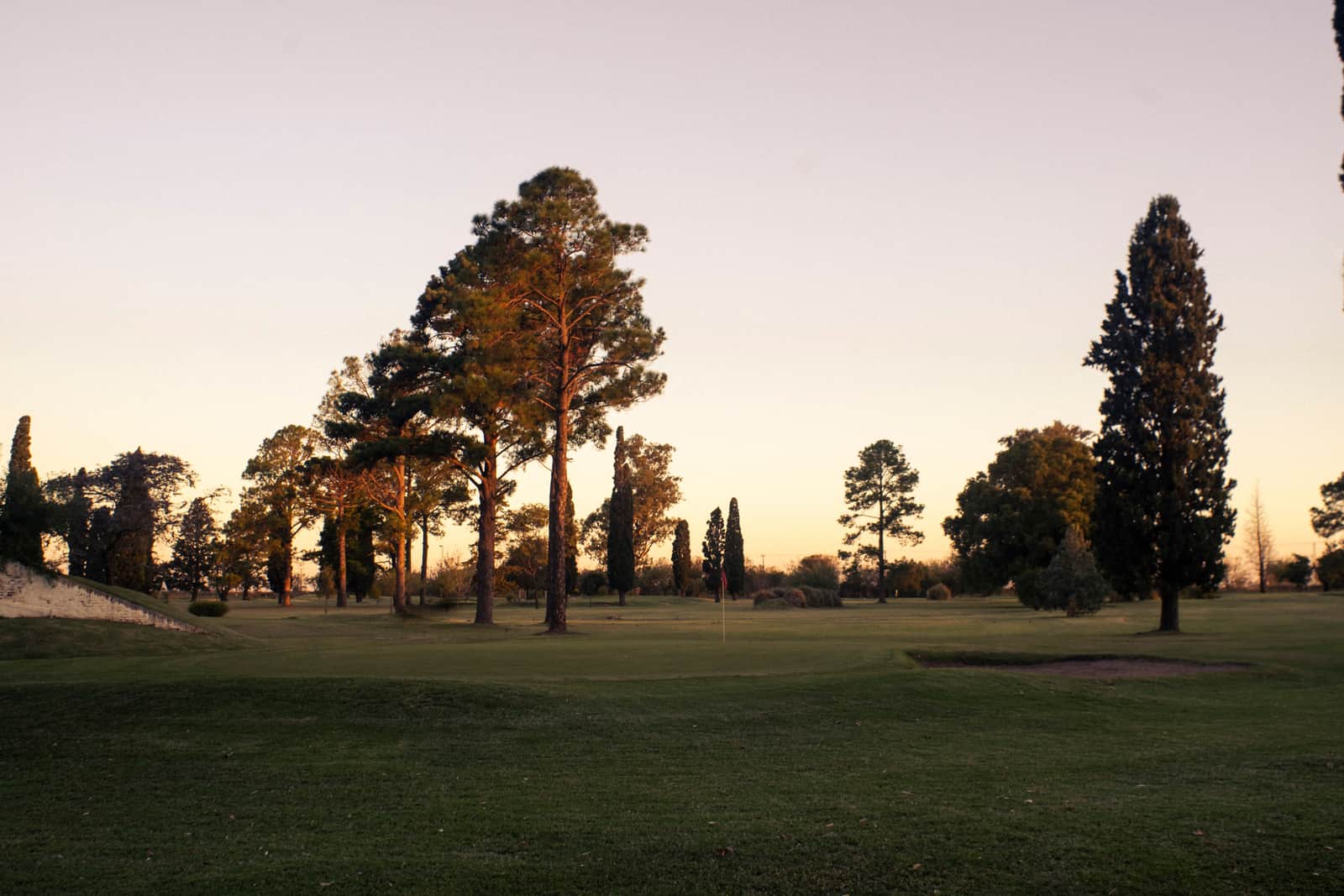 A golf course fairway lined with trees at dawn